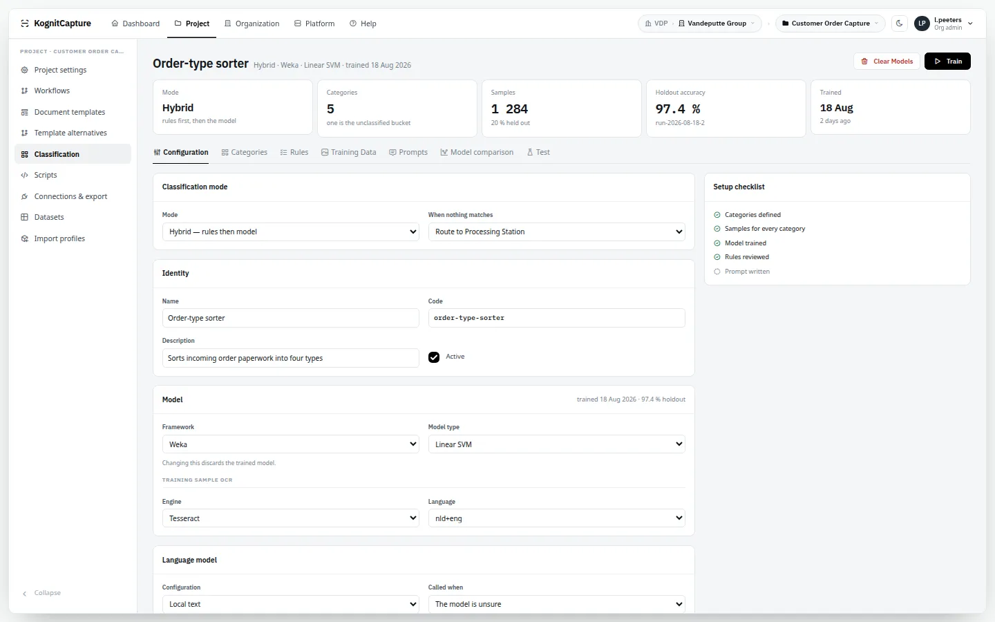 Classifier: Categories, training samples and test runs.