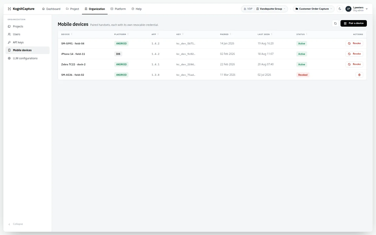 Mobile devices roster with paired devices