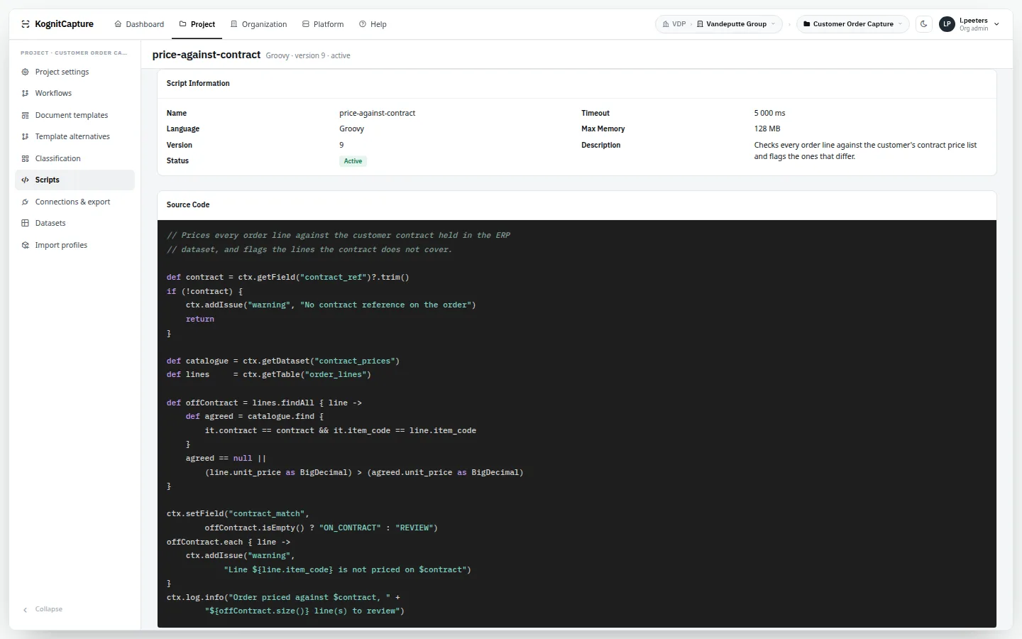 Script editor with code, a test document and run output