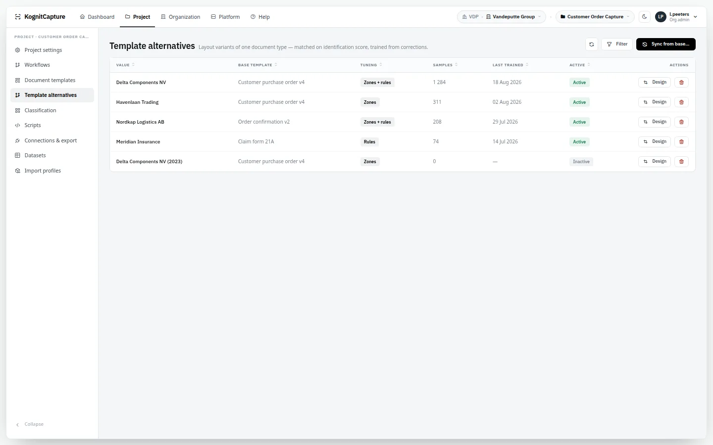 Template alternatives list with layout variants per supplier