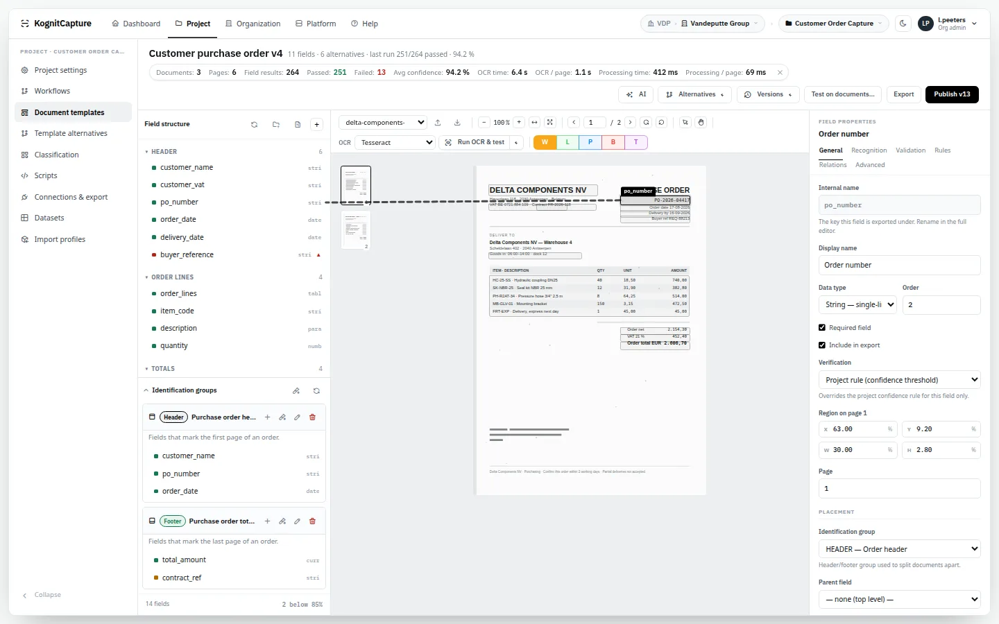 Template designer with zones on a reference invoice