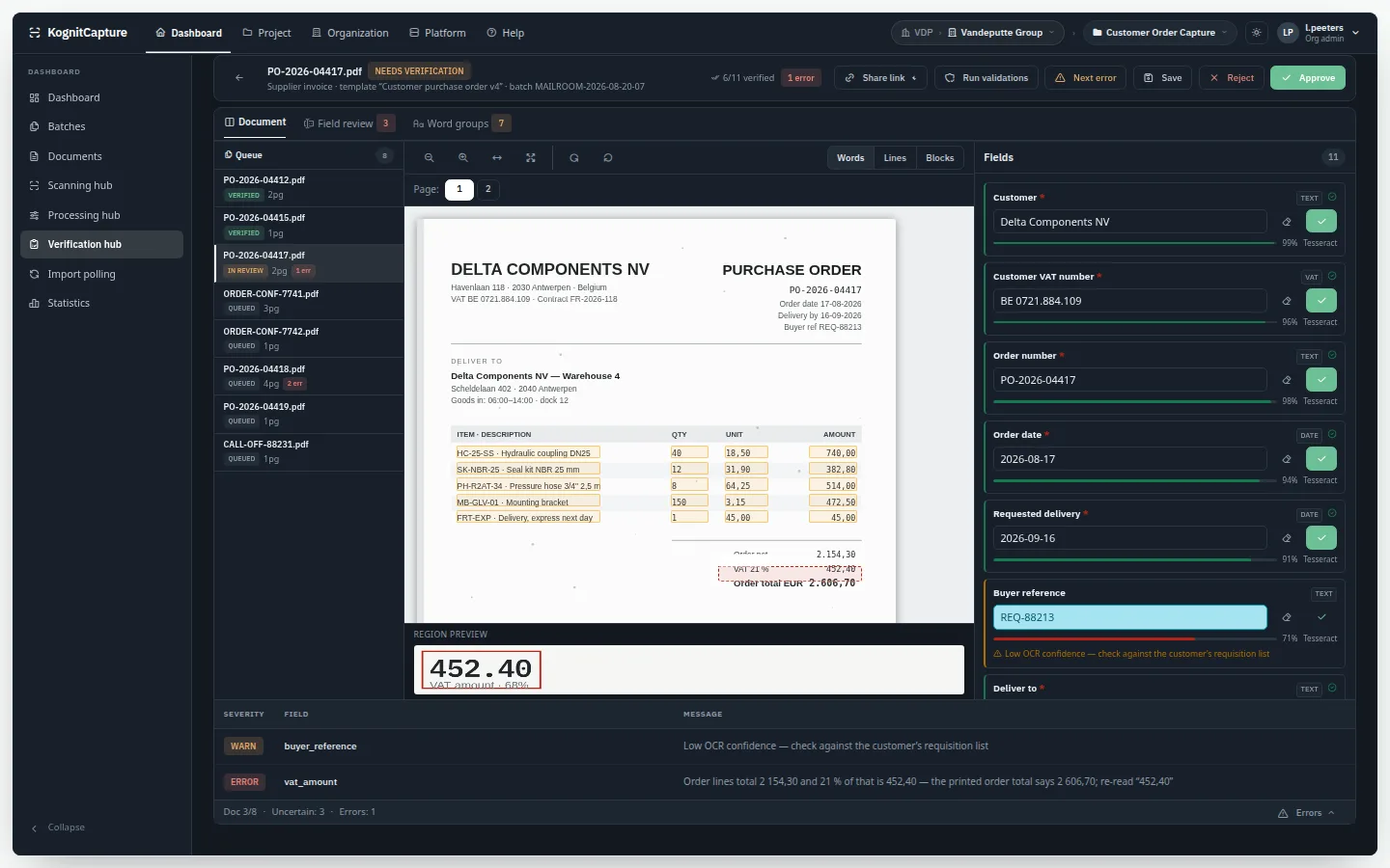 Verification hub in the application's dark theme