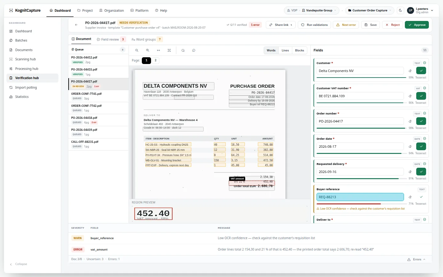 KognitCapture verification hub: a purchase order with zone overlays, extracted fields with confidence bars, and a validation error on the VAT amount